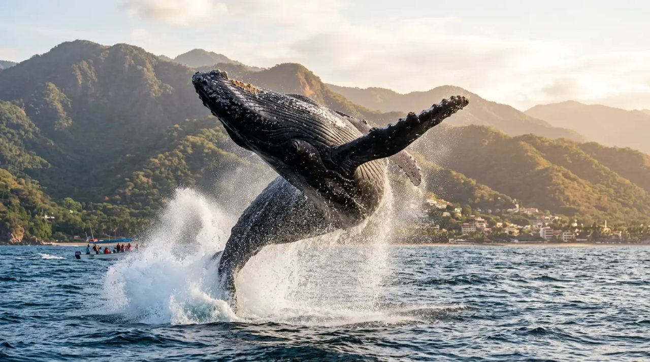 Ballena jorobada saltando en la Bahía de Banderas